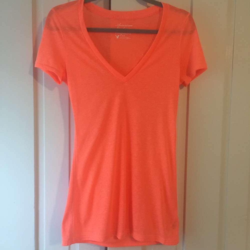 American Eagle Neon Orange V-Neck T-Shirt - Size Medium